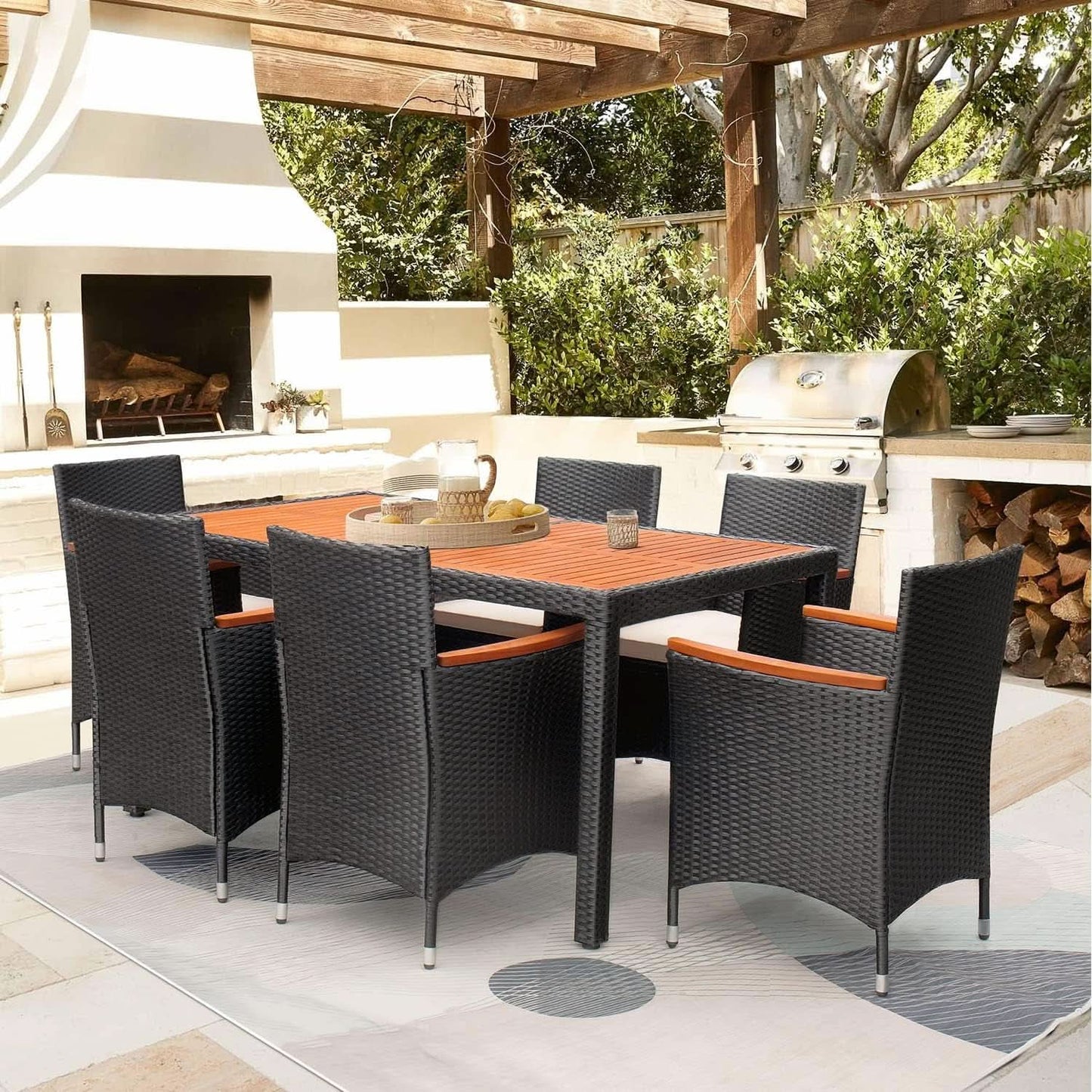 7 Piece Patio Dining Set Acacia Wood Table Wicker Chairs