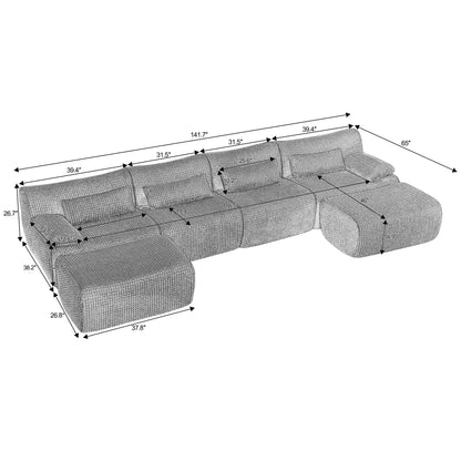 Sectional Sofa U-Shape Convertible Corduroy Gray 6 Seat Ottoman