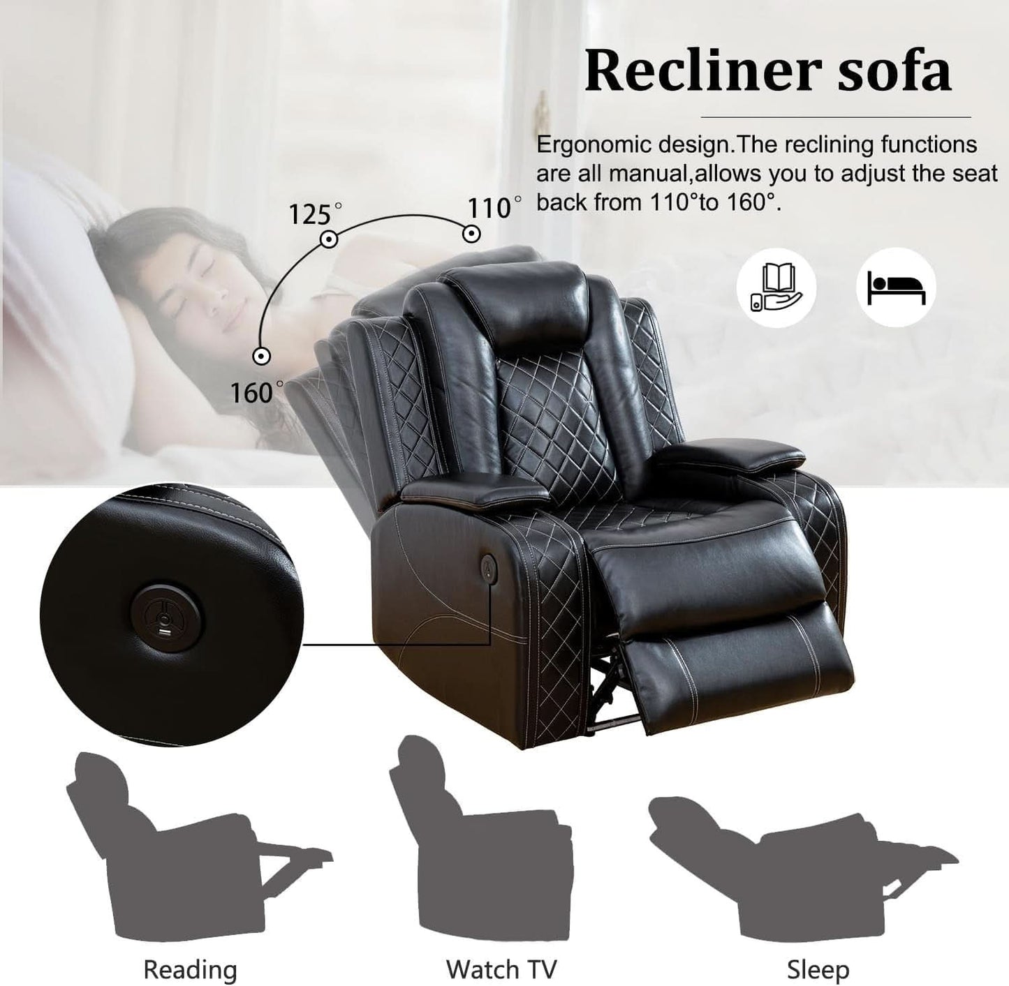 Black Power Recliner Sofa Set With LED And USB Charging