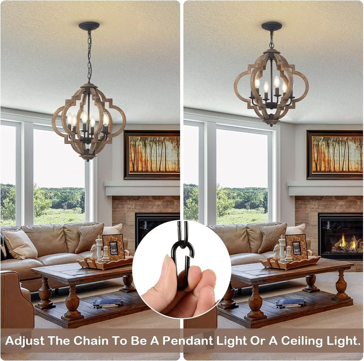Chandelier Farmhouse 6-Light Rustic Wood Black Pendant Kitchen Island