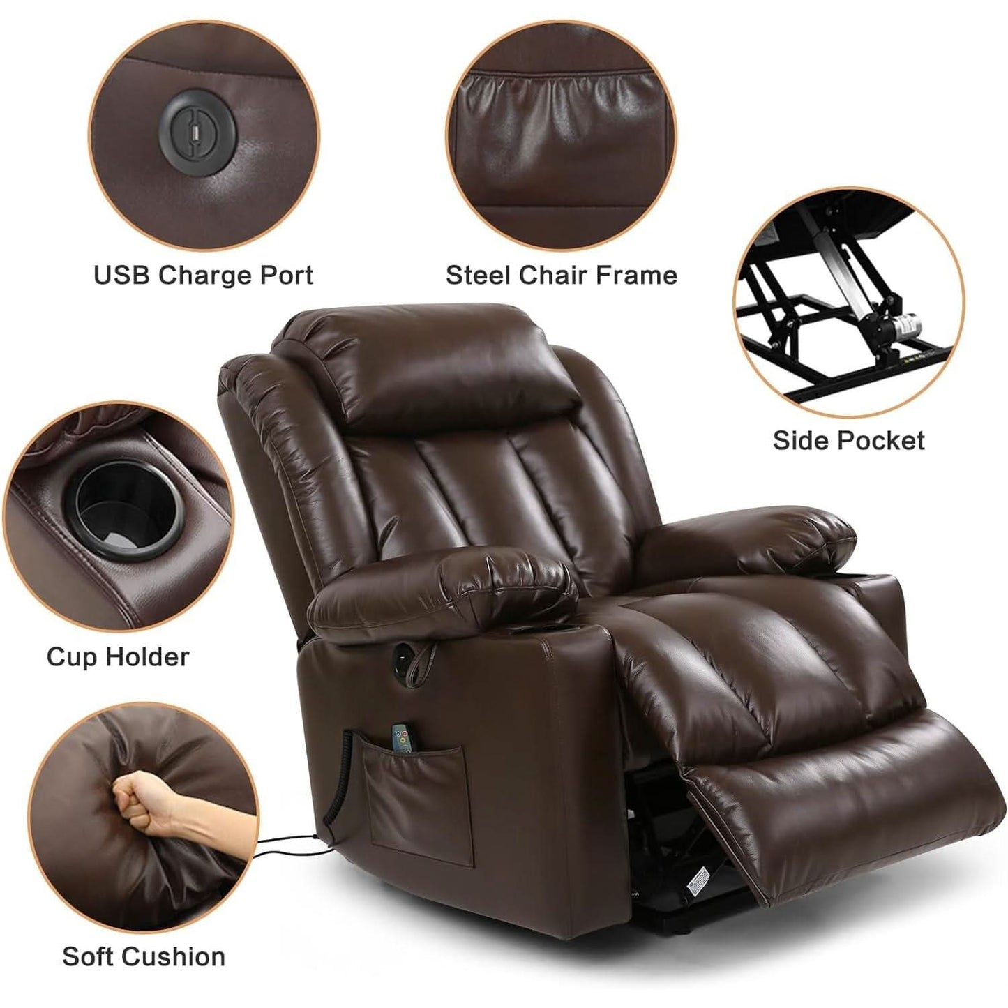 Brown Power Recliner With Massage And Heat Therapy