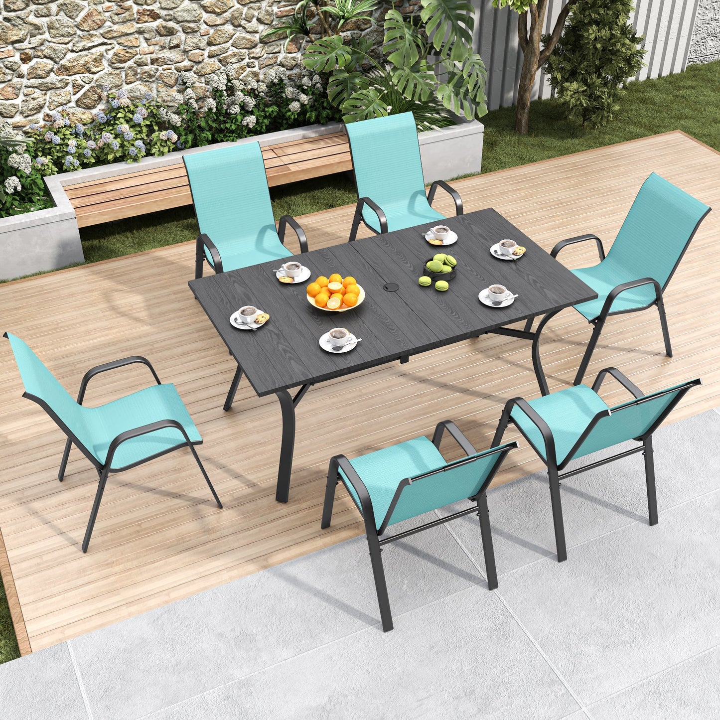 7 Piece Outdoor Dining Set Seats 6 Steel Wood Grain