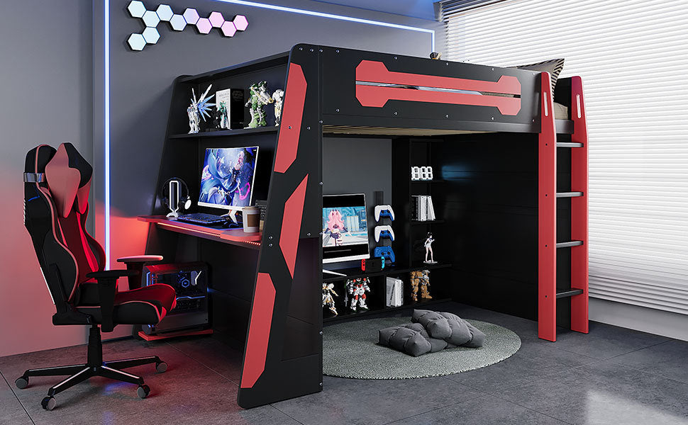 Full Size Wood Loft Bed with Desk, Multi-storage Shelves and RGB Light, Red