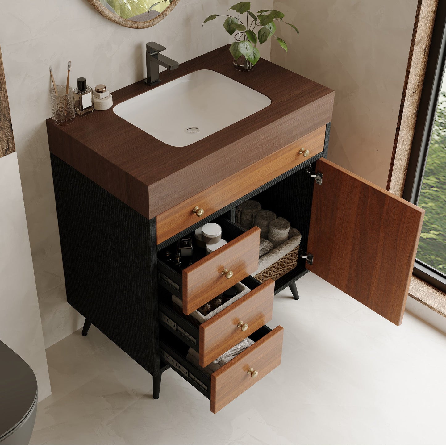 Mid-Century Modern Free-Standing Bathroom Vanity with Ceramic Sink & Sintered Stone Top