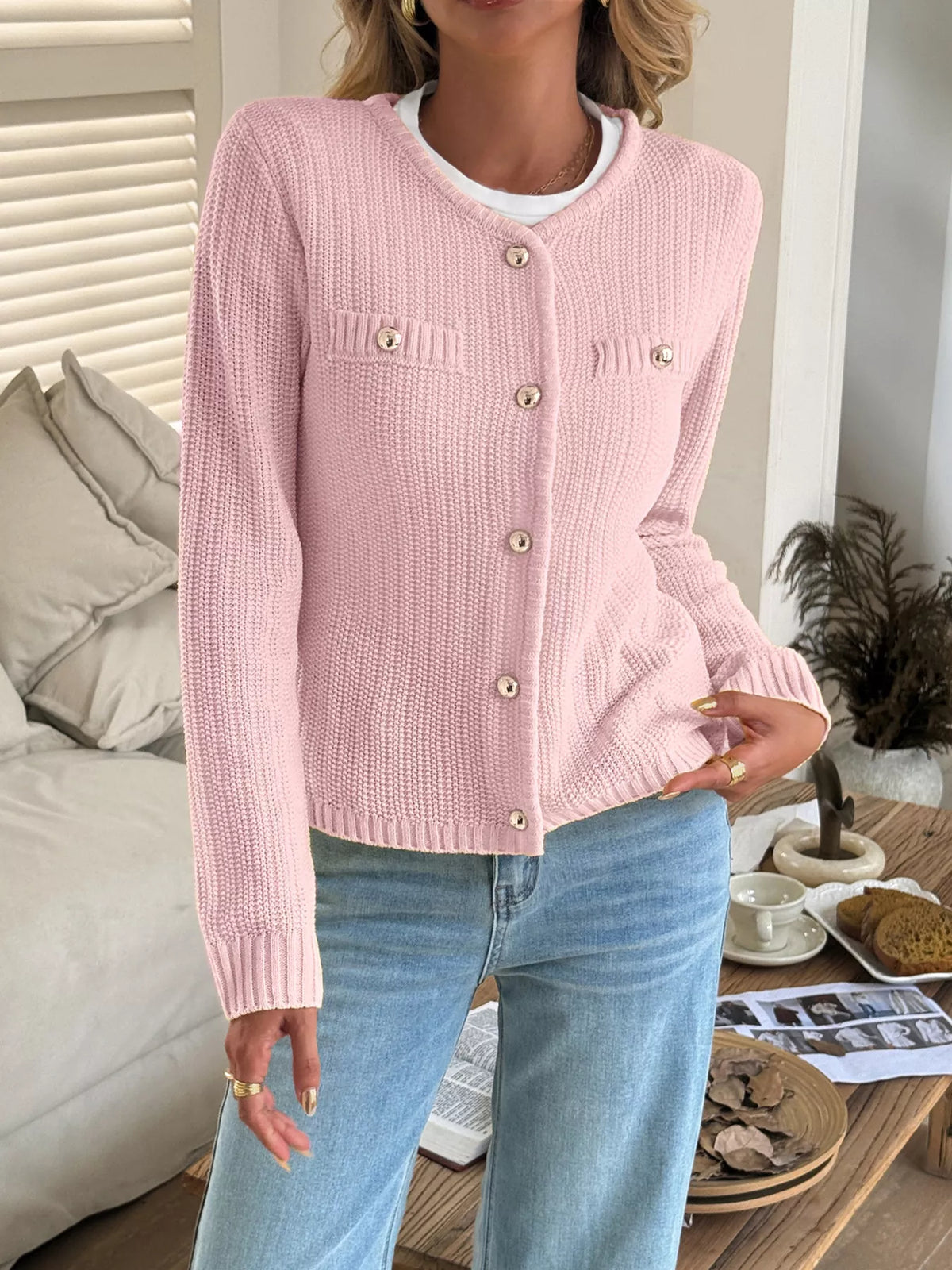 Button-Front Ribbed Long Sleeve Cardigan