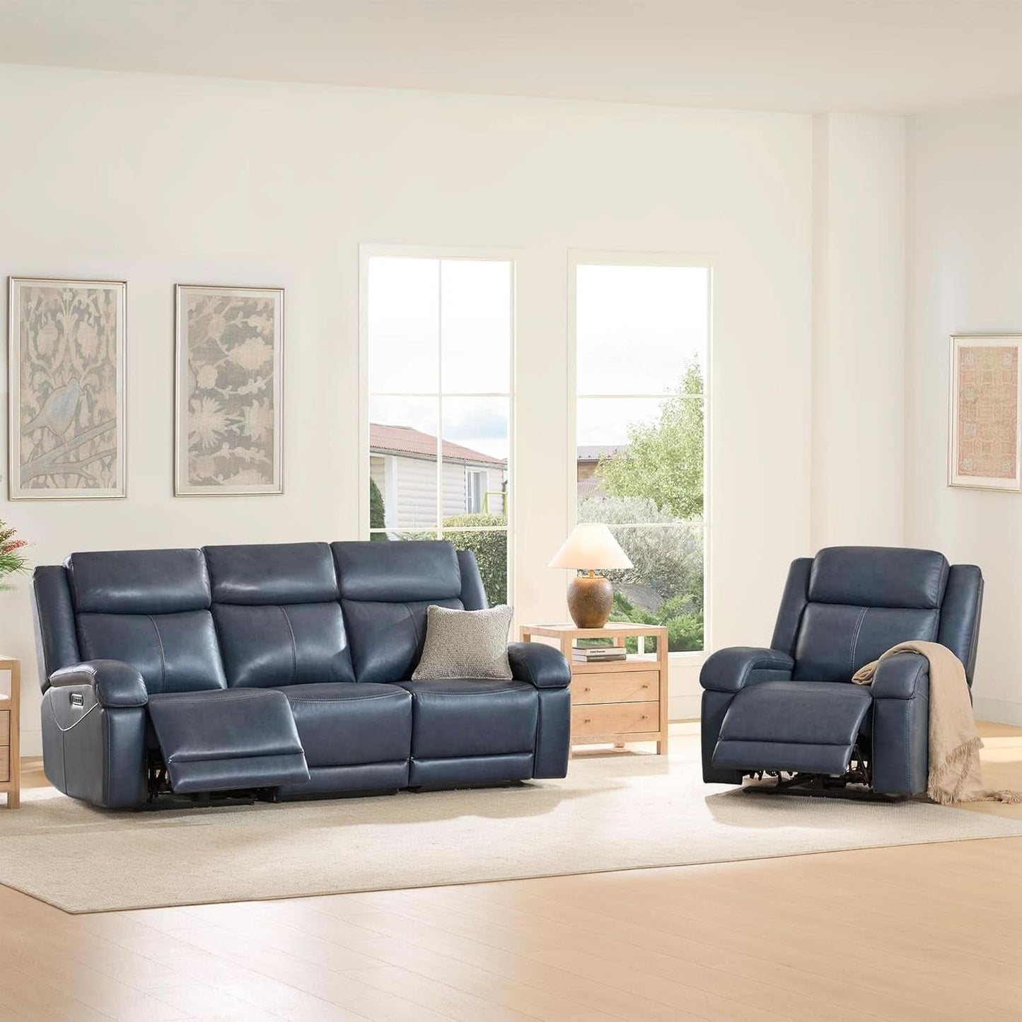 Navy Genuine Leather Power Recliner Sofa With USB Type C