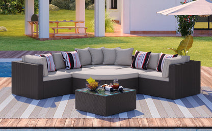 Outdoor Wicker Sofa Set Brown 7 Piece Colorful Pillows Seats 6