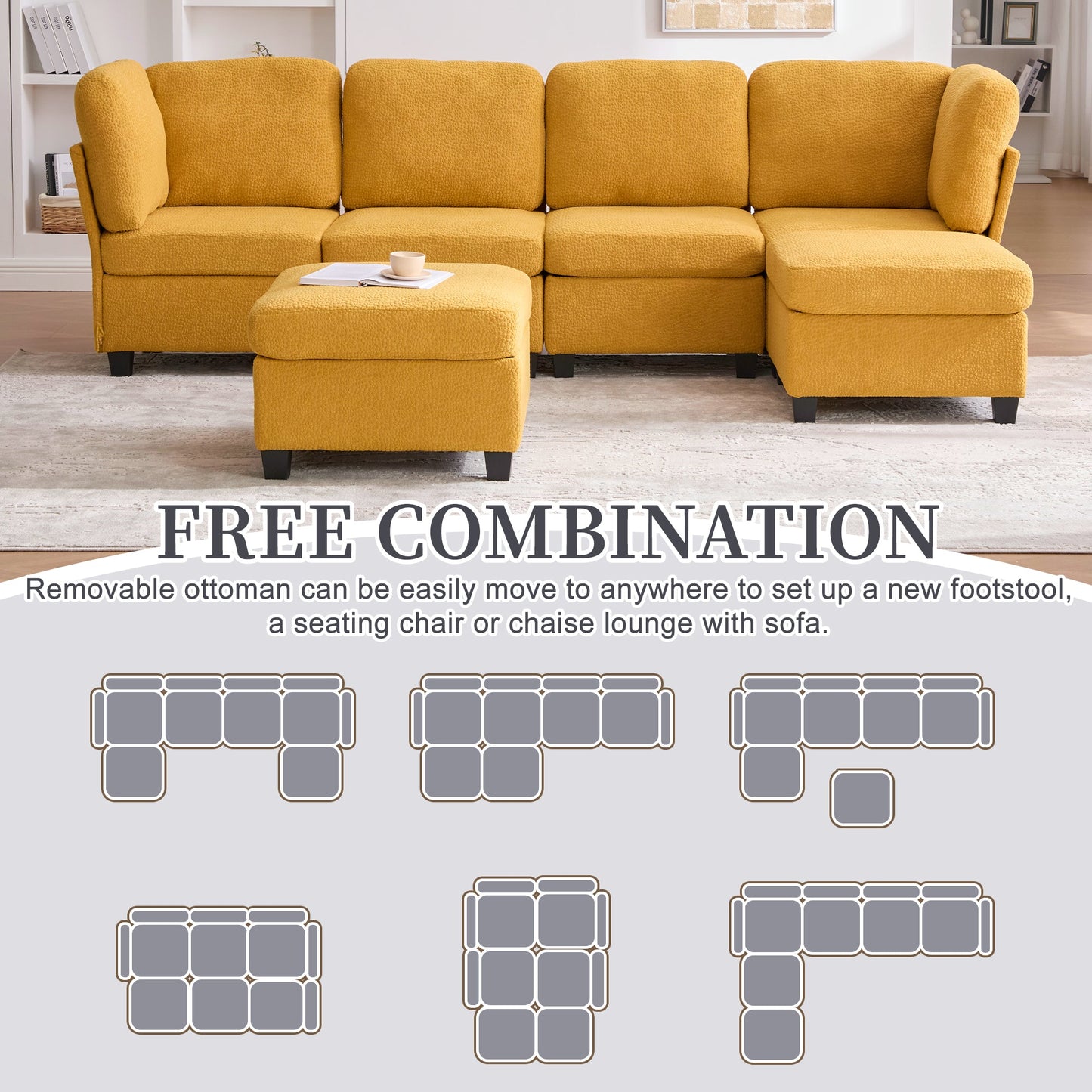 Sectional Sofa U-Shape 6 Seat Mustard Yellow Storage Ottoman