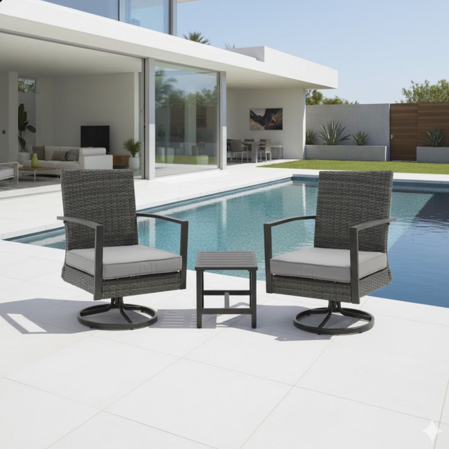 Outdoor Bistro Set Rattan Swivel Rocker Gray 3 Piece with Side Table