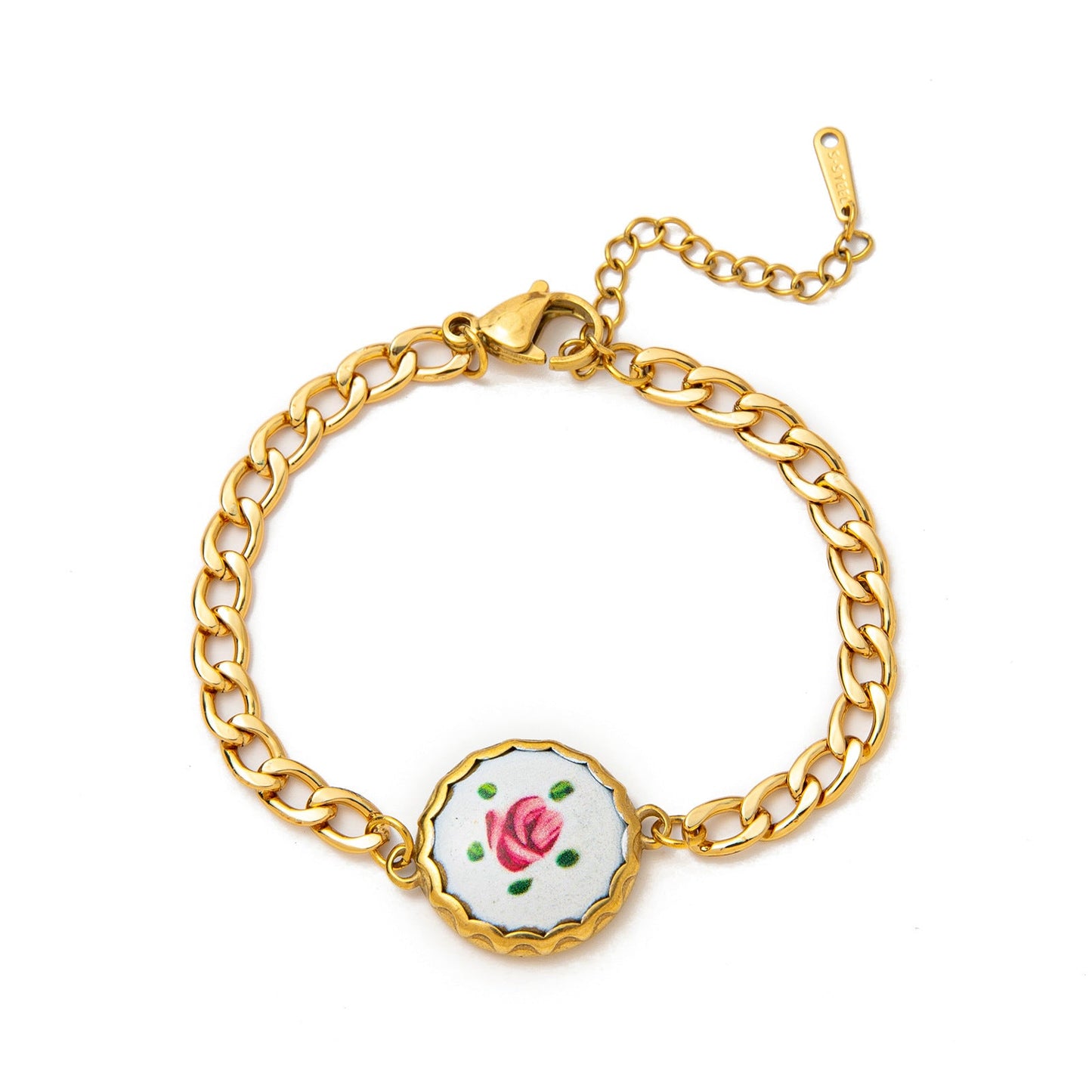 French Retro Oil-Painting-Style Floral Pendant Bracelet
