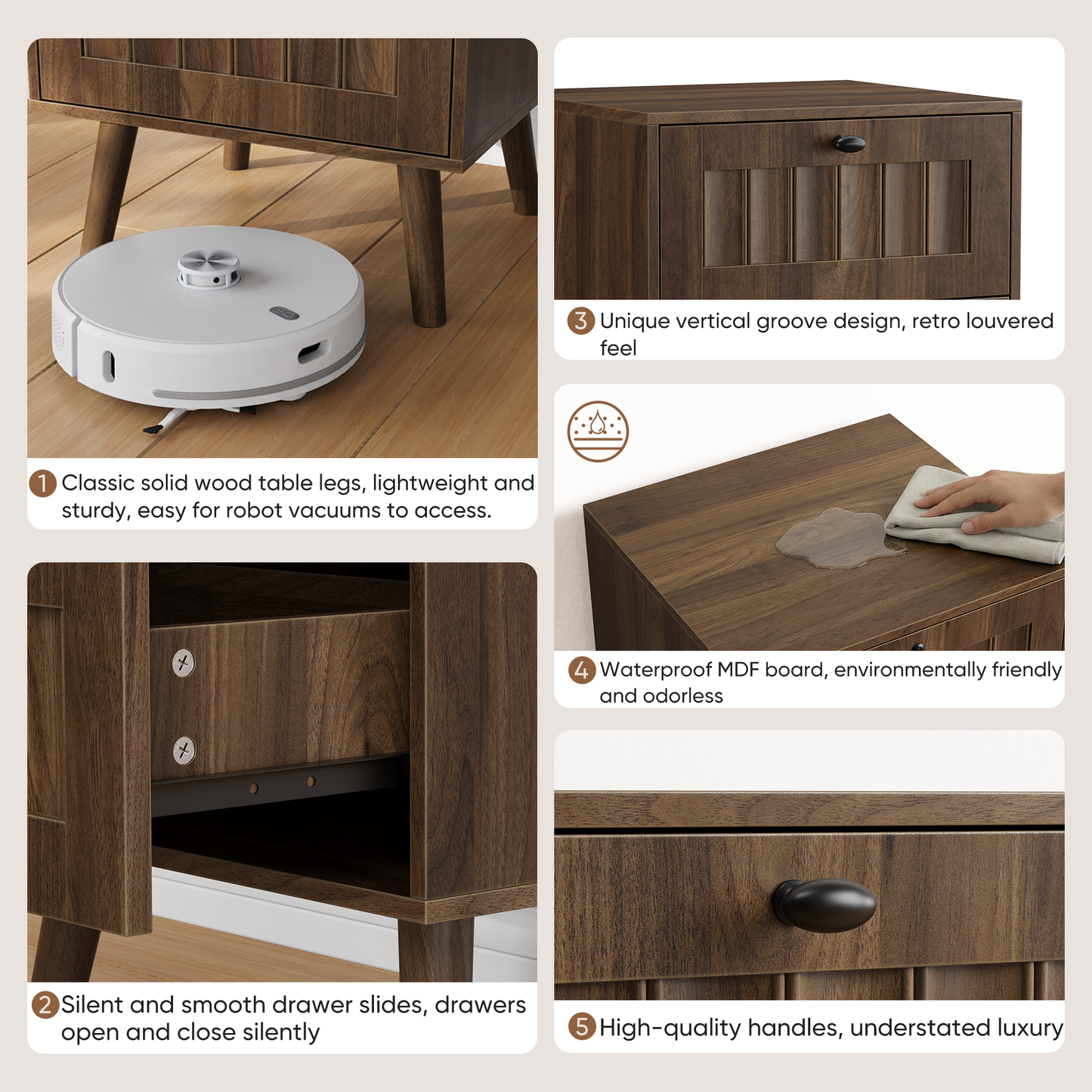 Double Drawer Bedside Table, Solid Wood Legs, Walnut, 15.75x15.75 in, 2-Pack