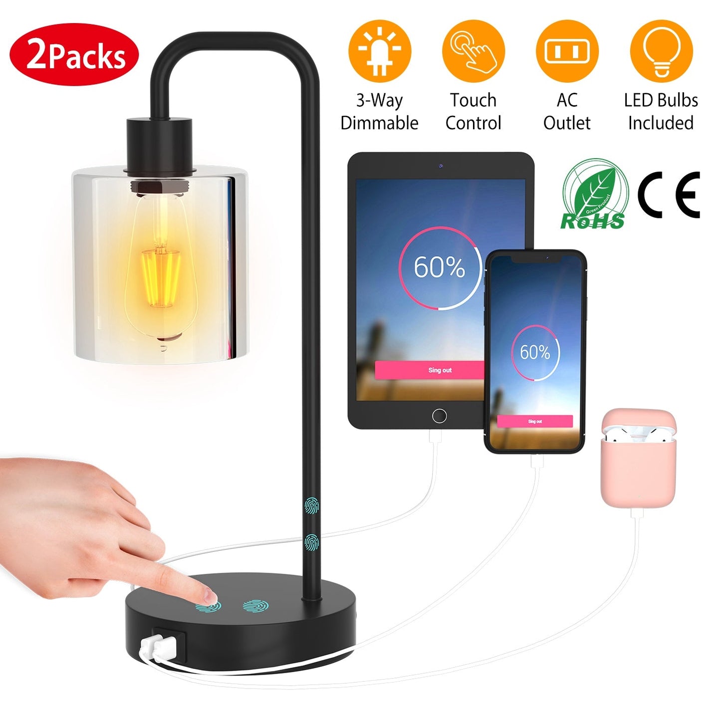 2Packs Touch Control Table Lamp 3-Way Dimmable Nightstand Reading Lamp With Glass Shade or Bedroom Living Room Dual USB Ports AC Power Outlet LED Bulb