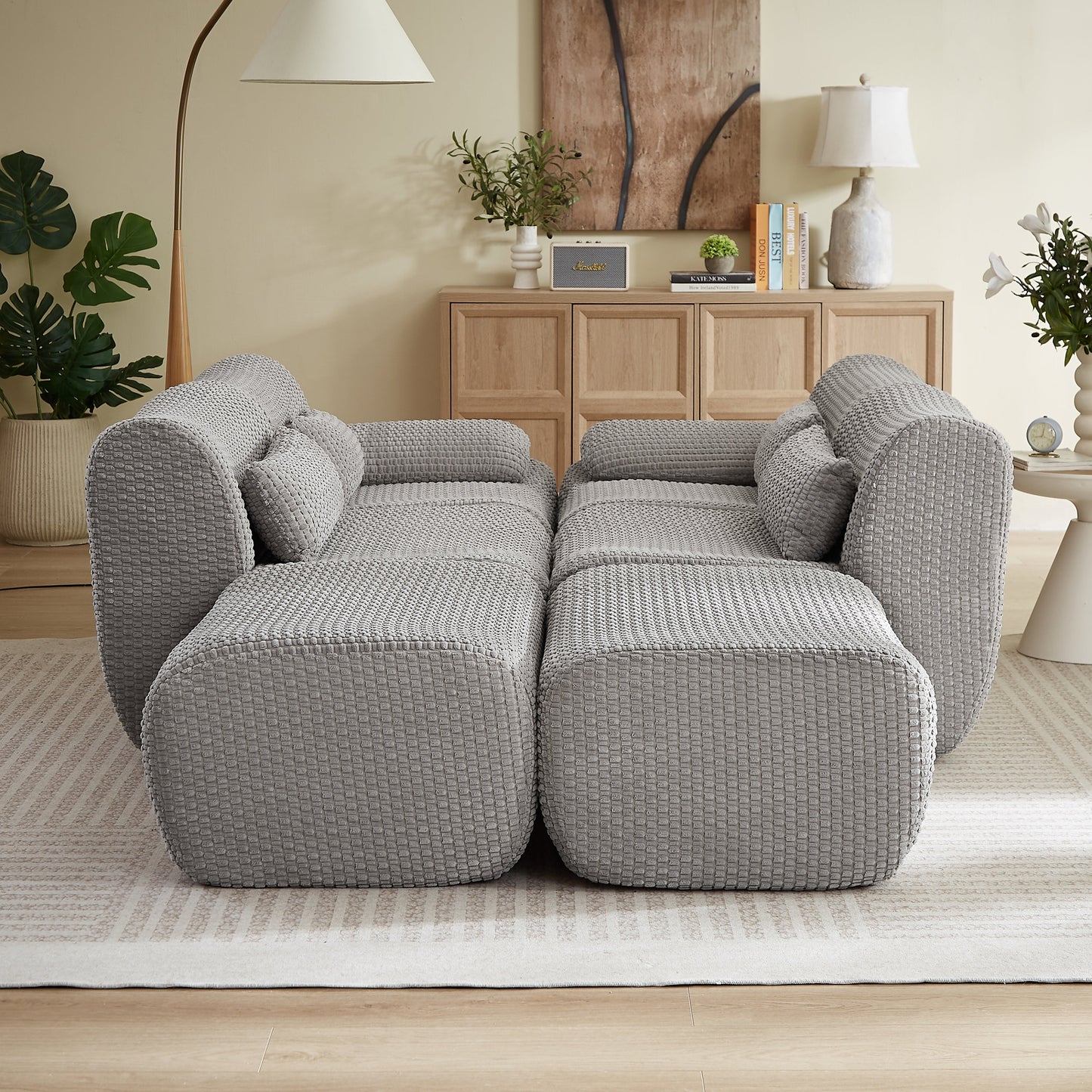 Sectional Sofa U-Shape Convertible Corduroy Gray 6 Seat Ottoman
