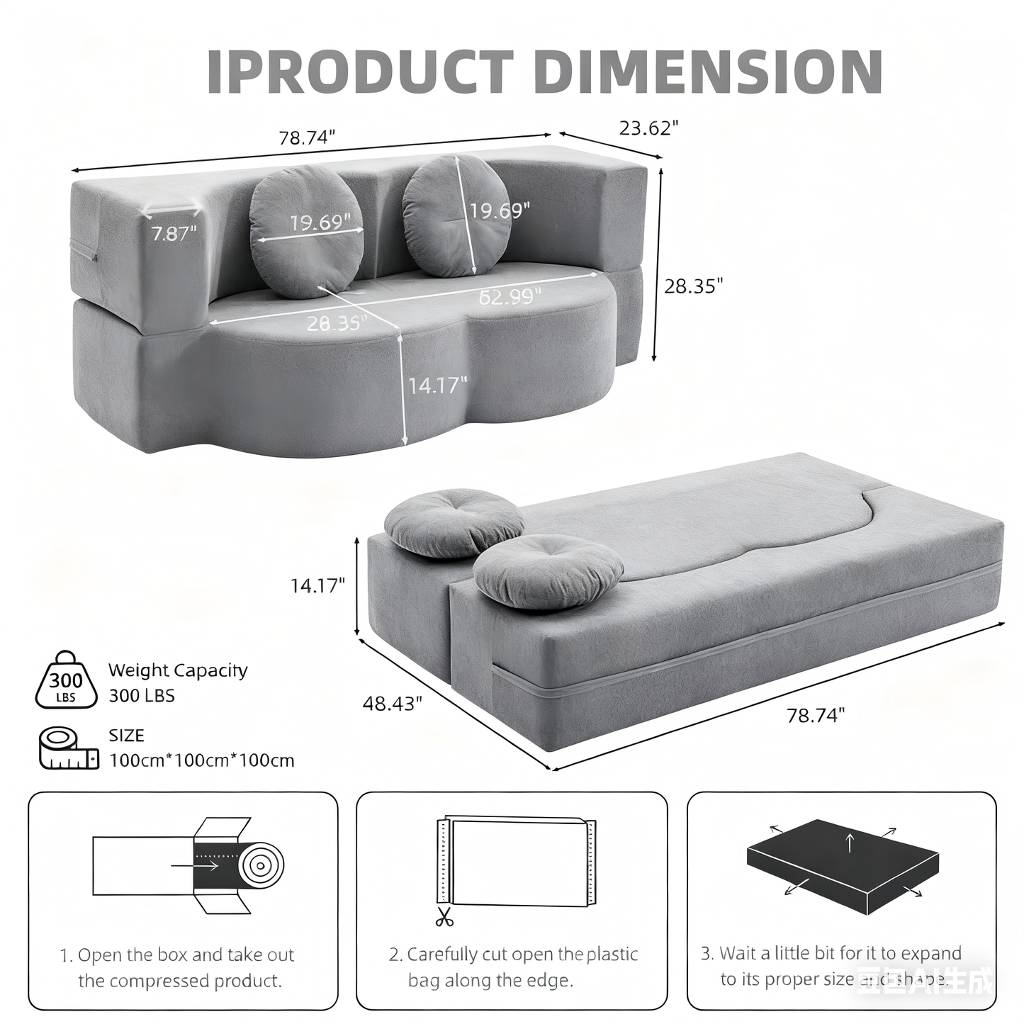 Floor Sofa Bed Corduroy Gray Convertible Sleeper Full Size 75.6 In