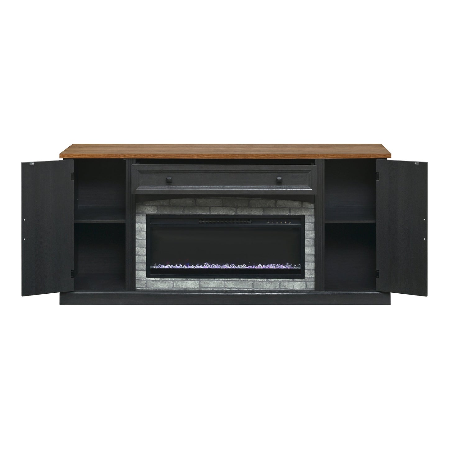 TV Stand Fireplace Black MDF Walnut Top Gray Brick 1400W Fits 70 In TV 66.9 In