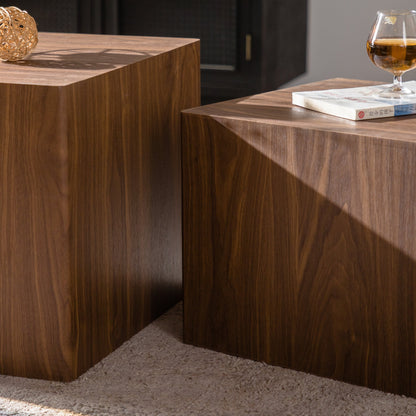 Set of 2 Walnut Cube Nesting Coffee Tables, MDF Wood Grain, Fully Assembled