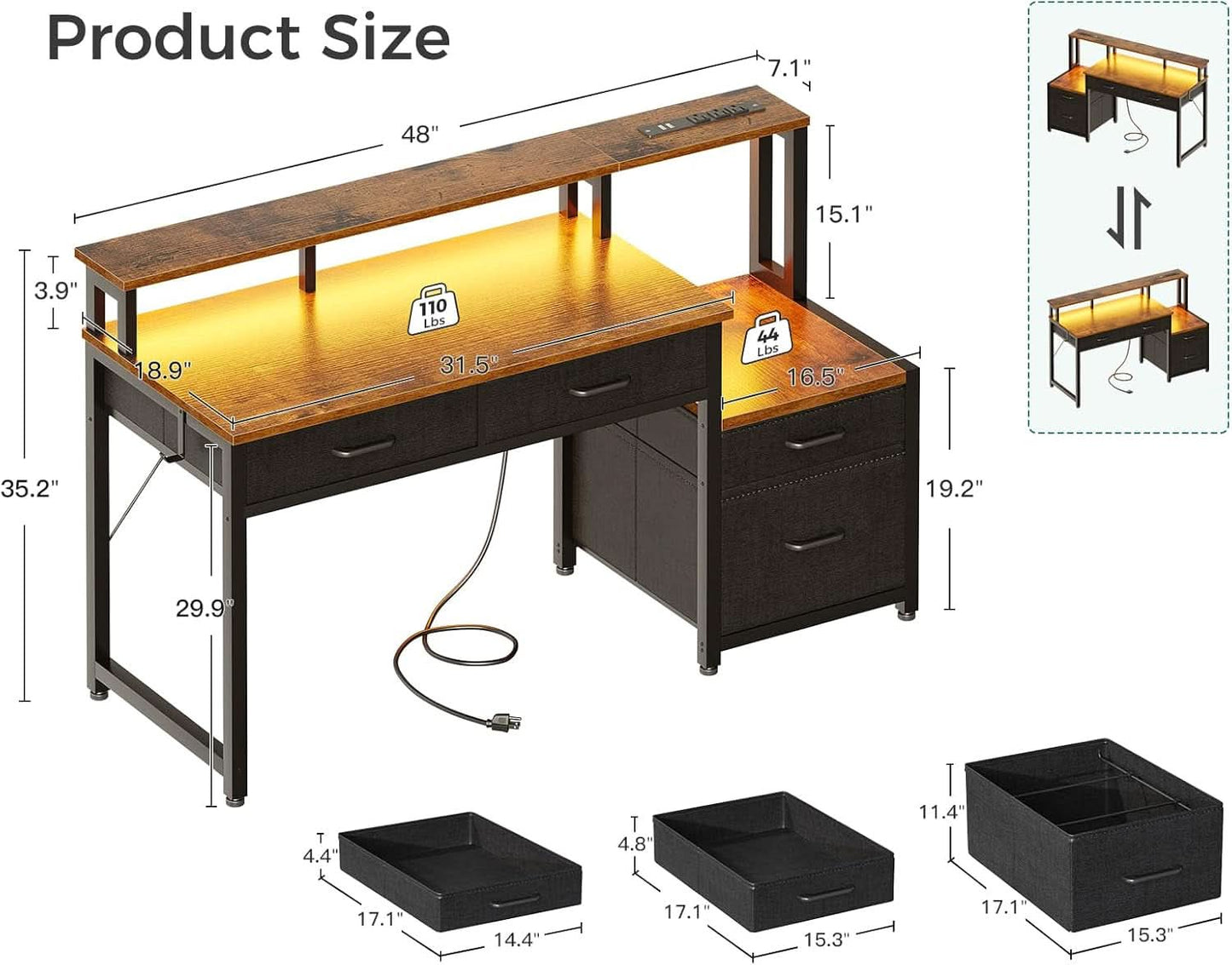 48-Inch Computer Desk With LED Strip And Power Strip