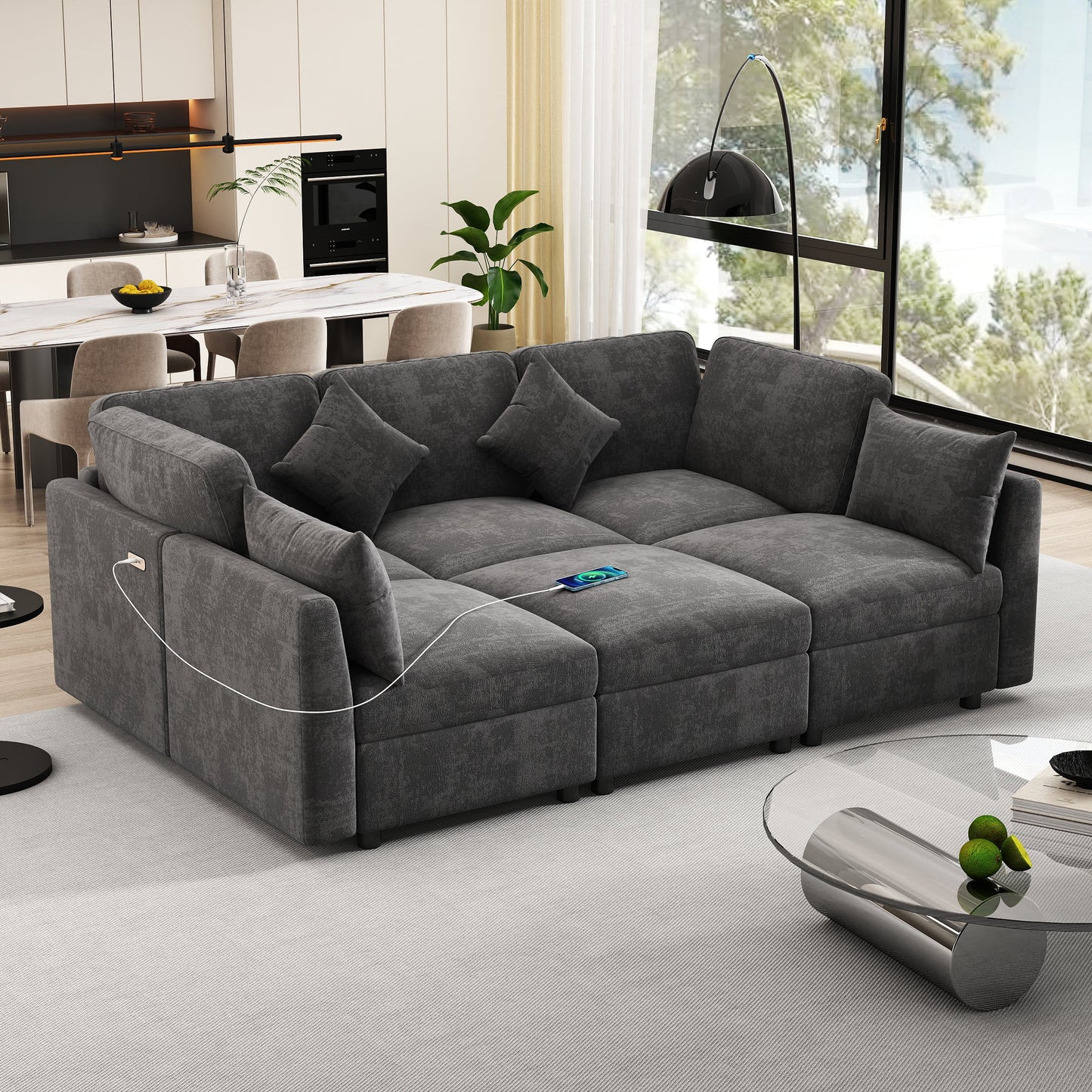 Sectional Sofa U-Shape Modular Chenille Black 5-Seat USB Ports 86.6x61.4 In