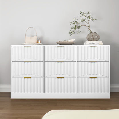 Dresser Classic 9-Drawer White Particle Board Gold Handles 63x15.74 In