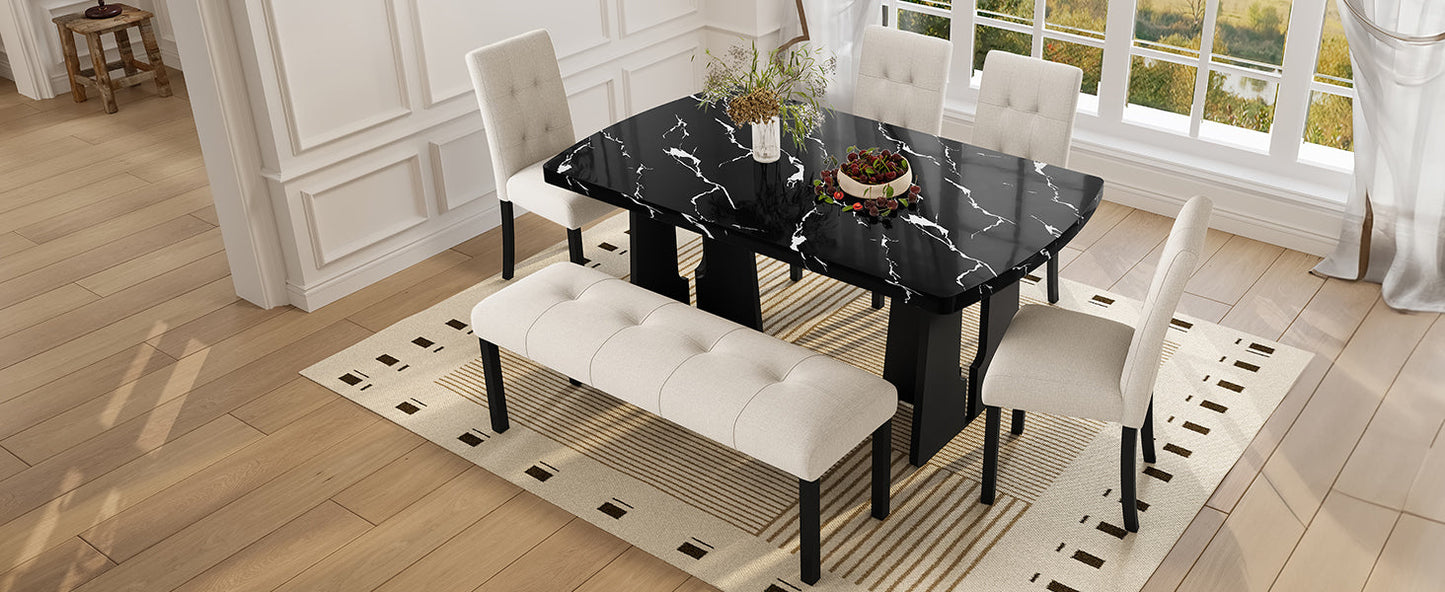 6 Piece Modern Dining Table Set, 63' Faux Marble Dining Table with Geometric