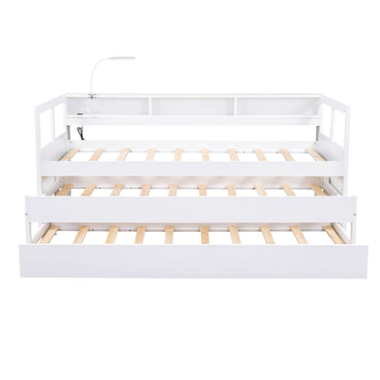 Daybed With 2 Trundles, 3 Storage Cubbies, Built In USB Charging Light