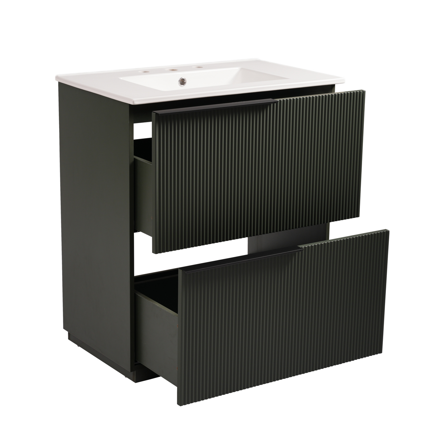 Green Fluted Bathroom Vanity with Ceramic Sink, 30' Full-Extension Drawers, S...