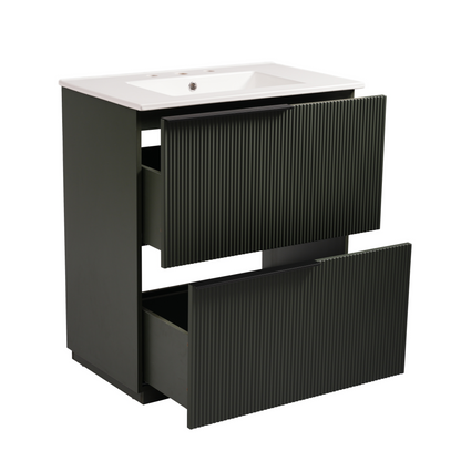 Green Fluted Bathroom Vanity with Ceramic Sink, 30' Full-Extension Drawers, S...