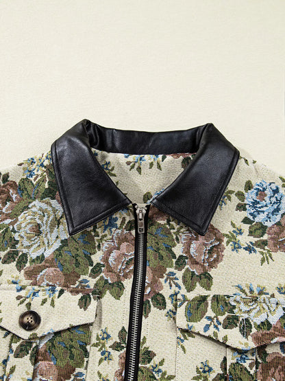 Floral Print Zip Up Contrast Collared Jacket