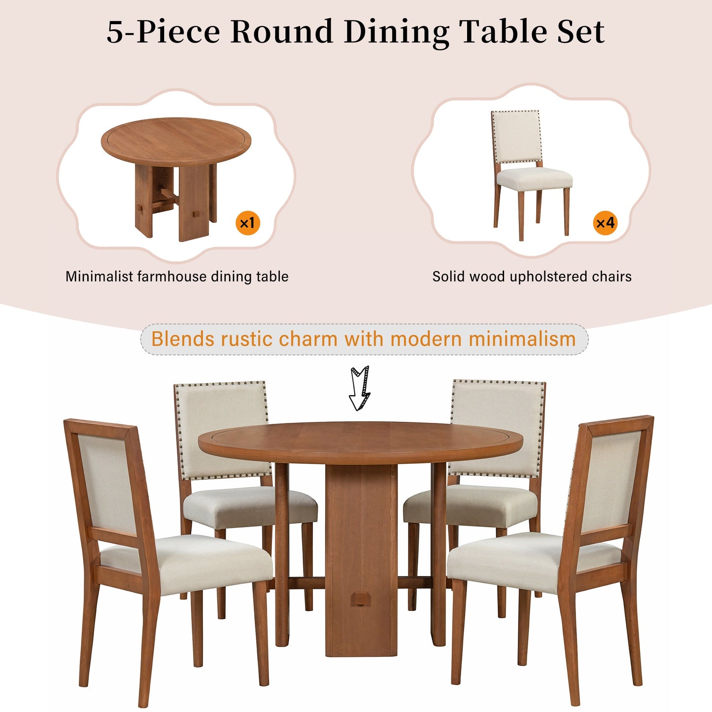 5-Piece Round Dining Table Set for 4, Minimalist Farmhouse Dining Table with 4