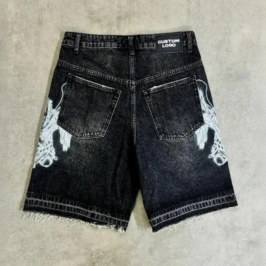 Retro Loose-fit Printed Denim Shorts