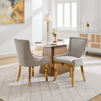 Chenille Dining Chairs, Modern Style with Curved Gold - Plated Legs & Rivet