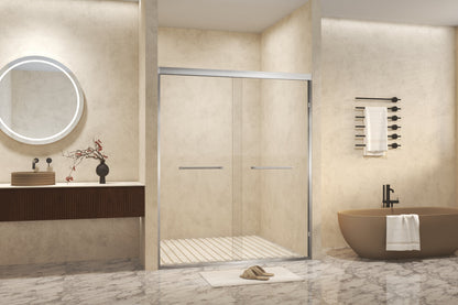 56-60in x 72in Aluminum Frame Double Sliding Shower Door, Brushed Nickel, 6mm