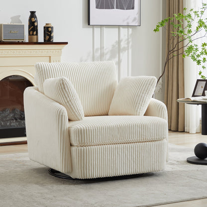 Accent Chair Swivel Round Oversized Corduroy Ivory 360 Degree 3 Pillows 40 In