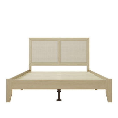 Solid Wood Platform Queen Bed With Rattan
