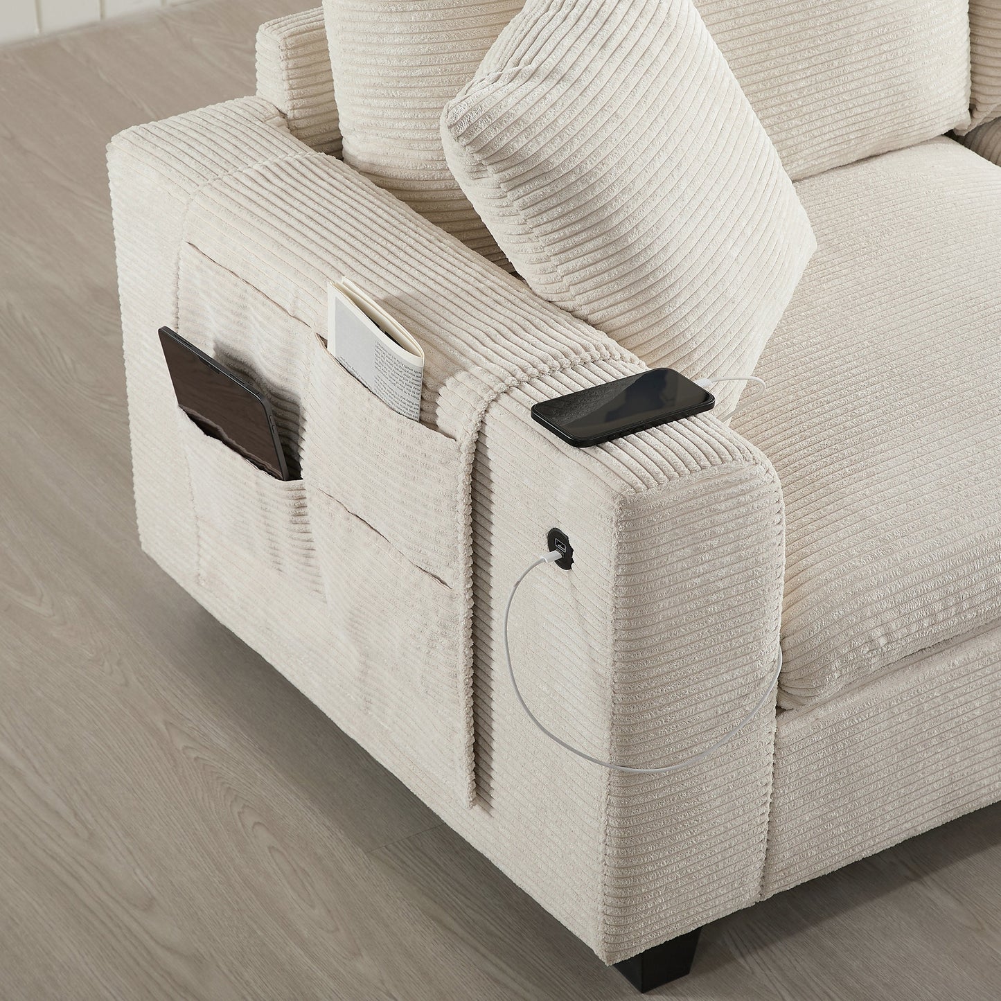 Sectional Sofa U-Shape Corduroy Beige 6 Seat Storage Ottoman USB 140 In
