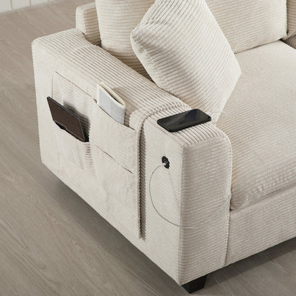 Sectional Sofa U-Shape Corduroy Beige 6 Seat Storage Ottoman USB 140 In