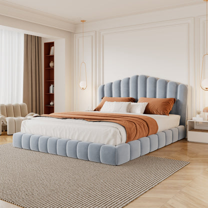 Velvet Upholstered Queen Bed Frame with Shell-Shaped Headboard, Light Blue