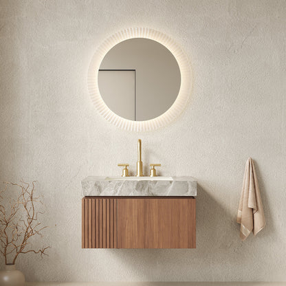 30' Floating Bathroom Vanity with Sintered Stone Top and Ceramic Basin, Brown Oak