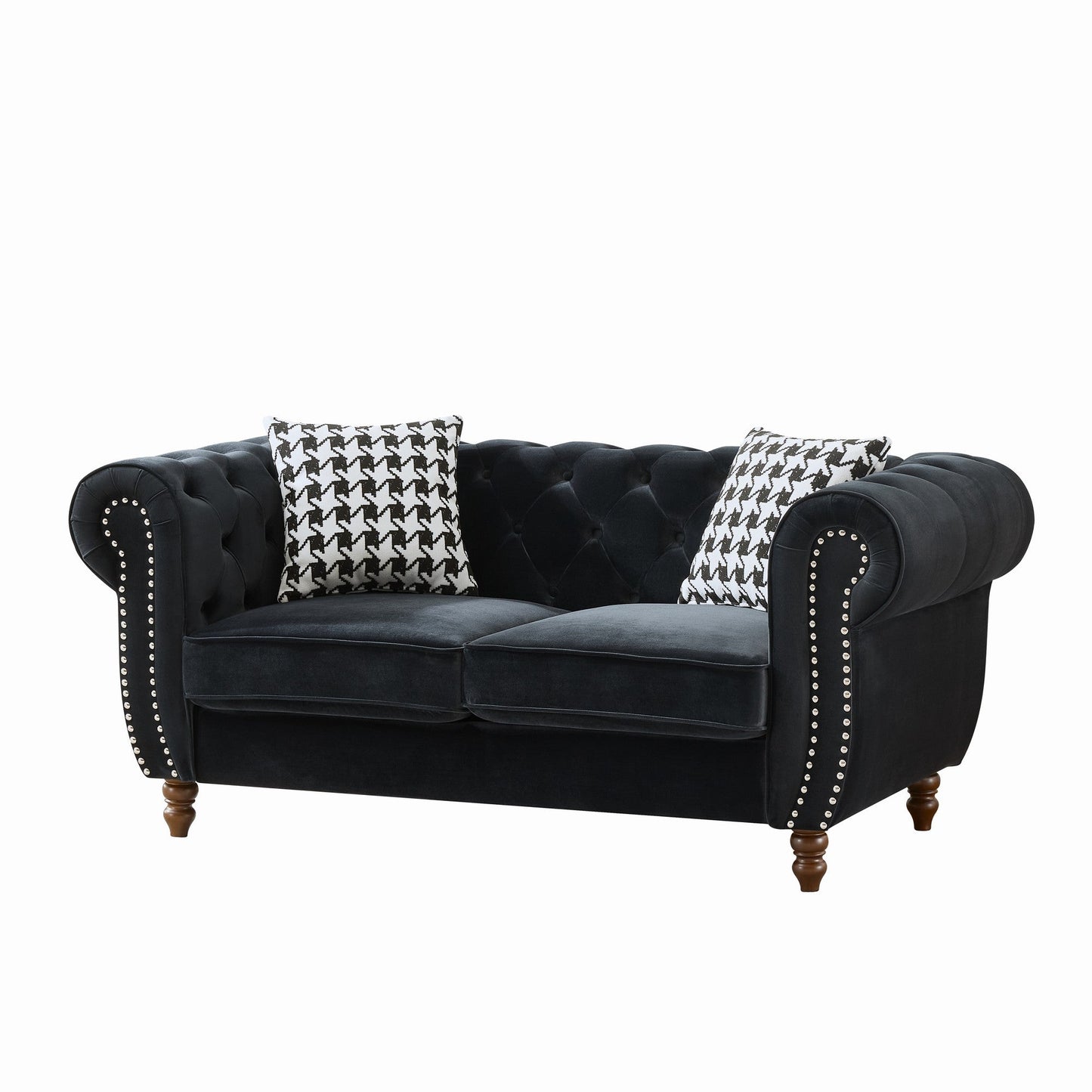 Loveseat Mid-Century Chesterfield Velvet Black 2 Seat Rolled Arms 67 In 450 LB