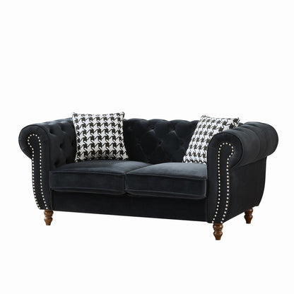 Loveseat Mid-Century Chesterfield Velvet Black 2 Seat Rolled Arms 67 In 450 LB
