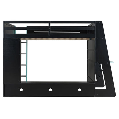 Full Size Wood Loft Bed with Desk, Multi-storage Shelves and RGB Light, Cloud