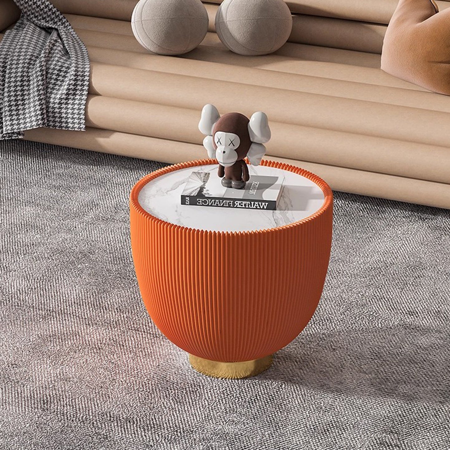 Round Sintered Stone Sofa End Table, Leather Edge, Metal Base, Living Room