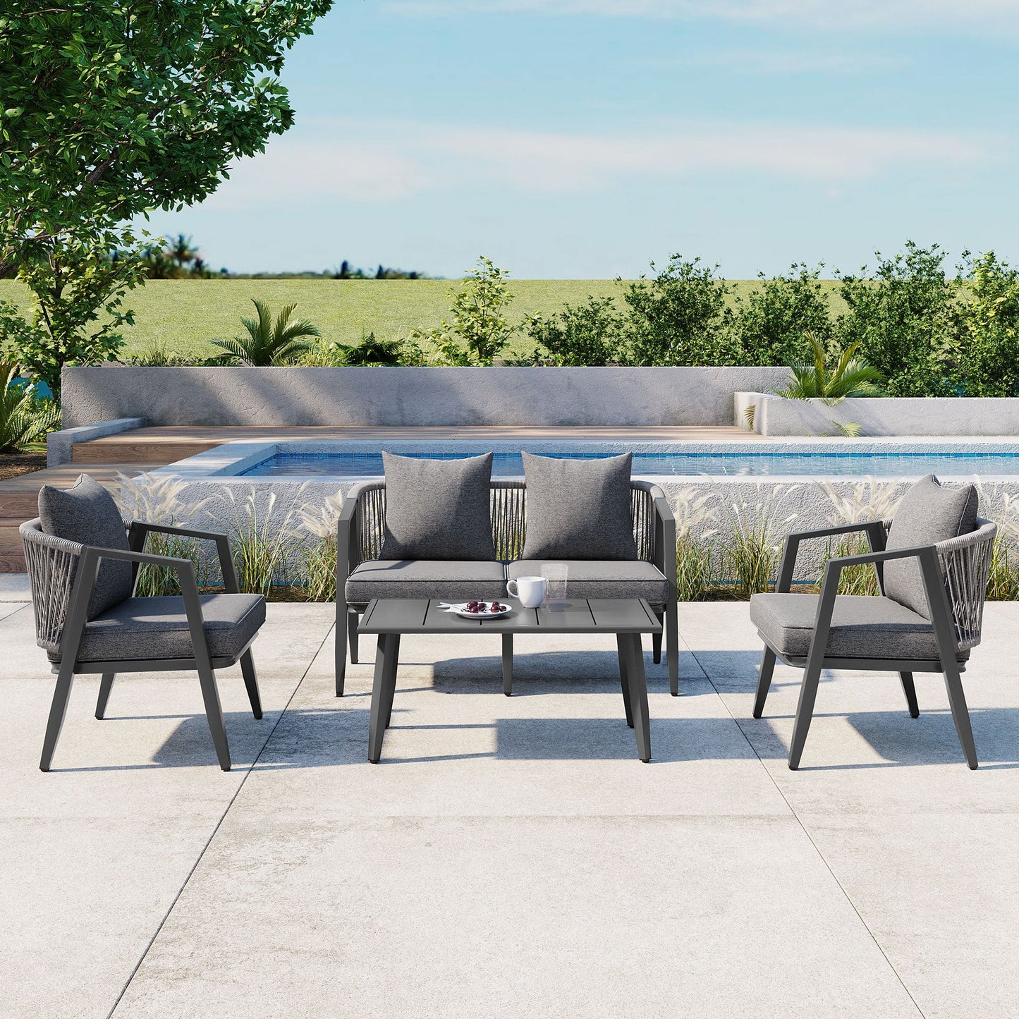 Outdoor Seating Set 4 Piece Bench Chairs Table Iron Gray