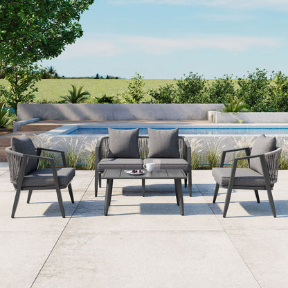Outdoor Seating Set 4 Piece Bench Chairs Table Iron Gray