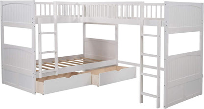 L Shaped Solid Wood Bunk Bed White Twin Over Twin Over Twin With 2 Drawers