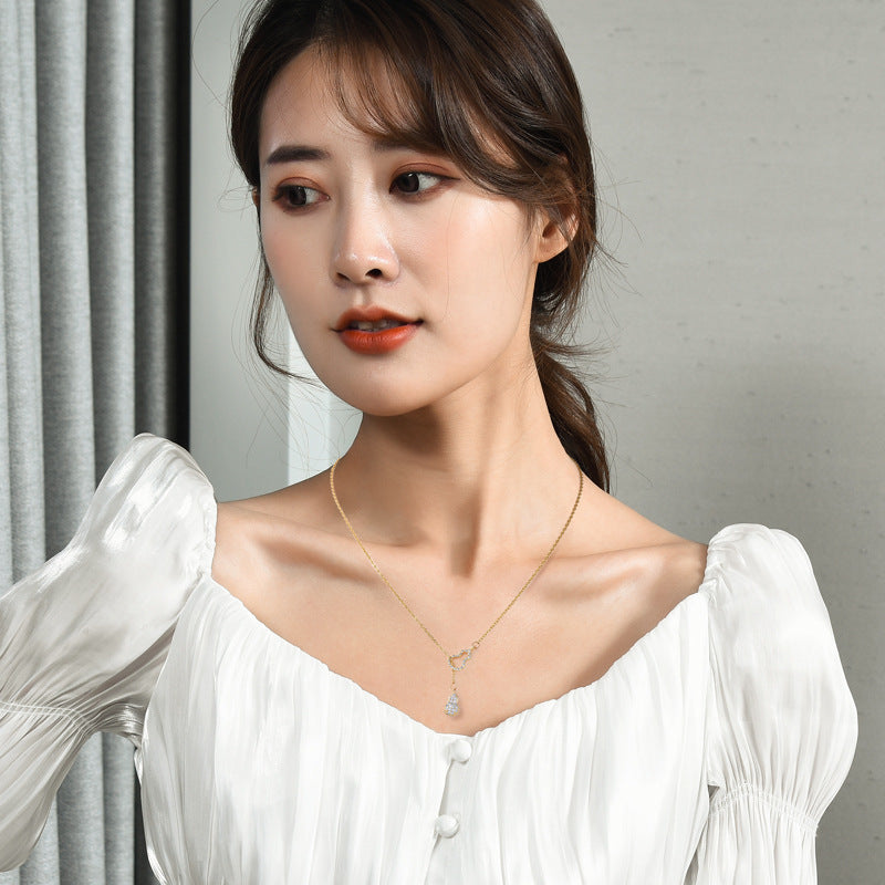 Dainty Lucky Gourd Zircon Pull Adjustable Necklace For Women, Y-Shape Tassel Collarbone Chain, Elegant Oriental Long Sweater Chain Fashion Jewelry