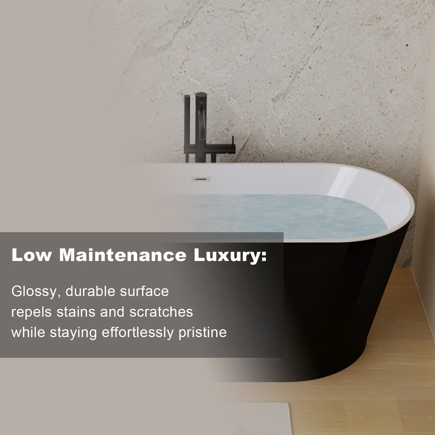 59in Glossy Black Acrylic Freestanding Soaking Tub with Chrome Drain, cUPC