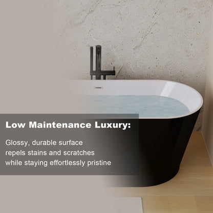 59in Glossy Black Acrylic Freestanding Soaking Tub with Chrome Drain, cUPC