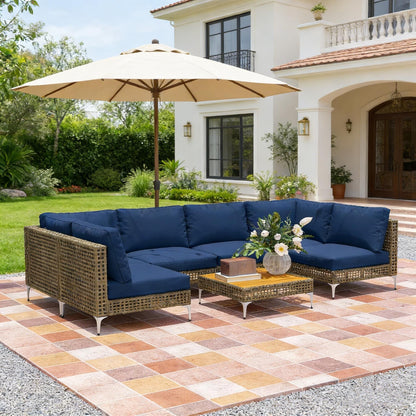 Outdoor Sectional Set Wicker Steel Acacia Wood Brown 7 Piece 352 LB