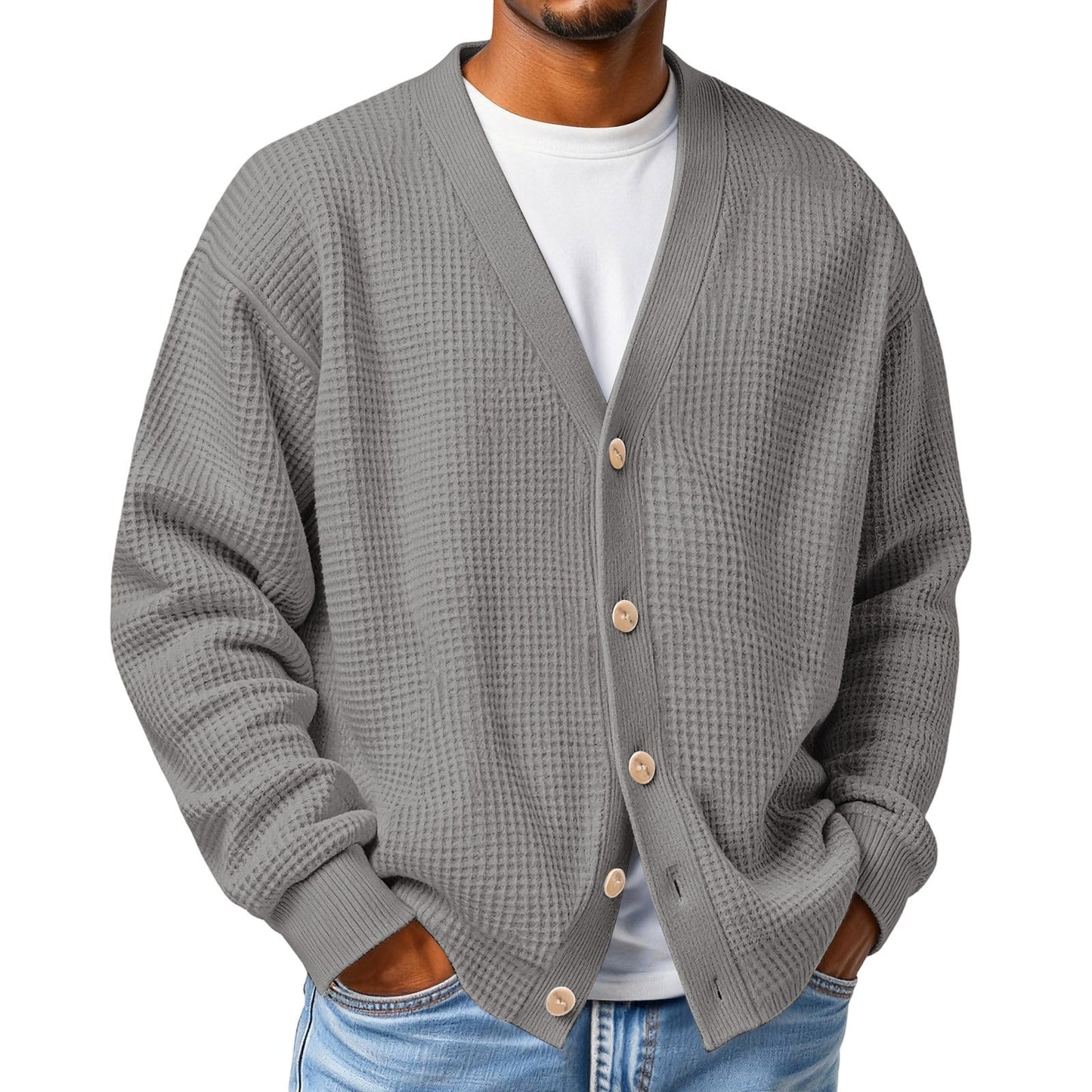 Mens Casual Loose-fit Long-sleeve Knitted Cardigan
